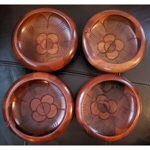 4 Vintage Teak Wood‎ Hand Carved Floral Salad Bowls